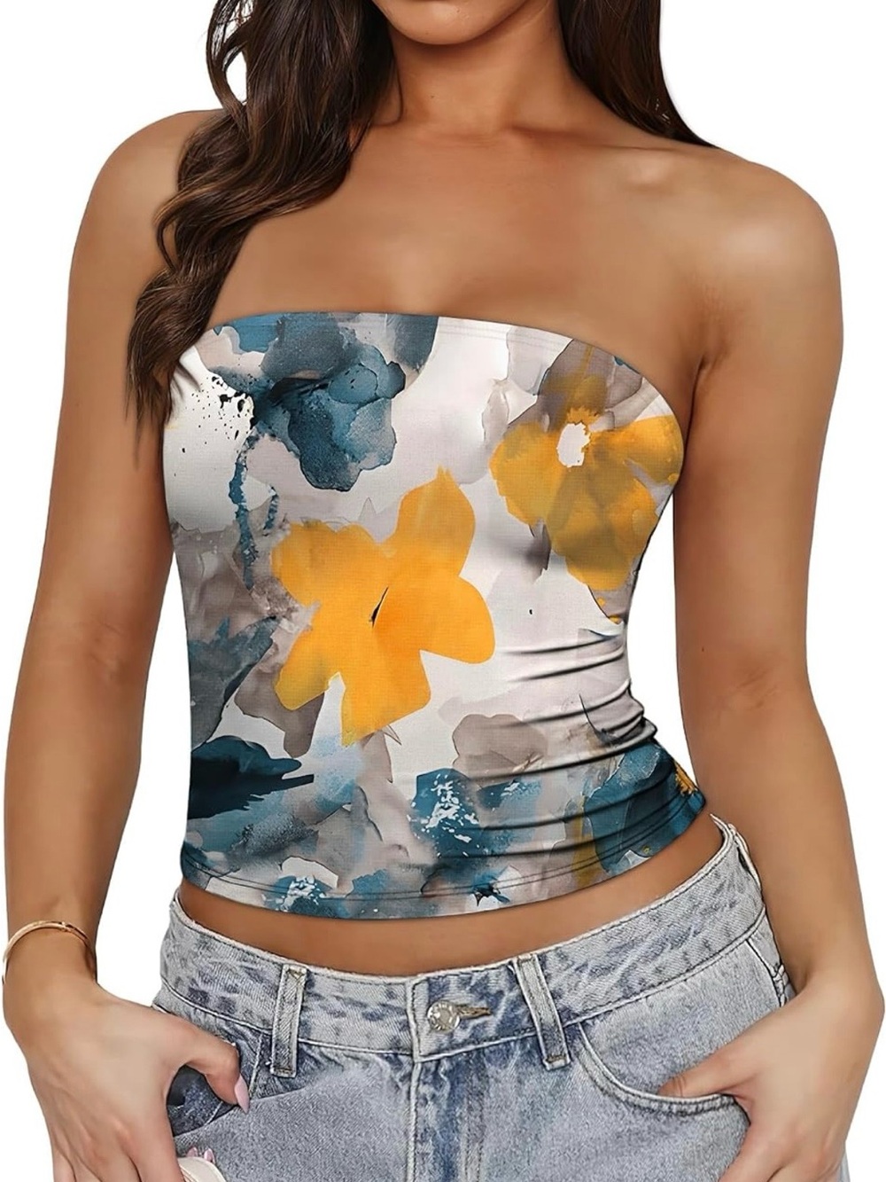 Brand New! Floral Strapless Tube Top - Yellow & Teal (Size: Small)